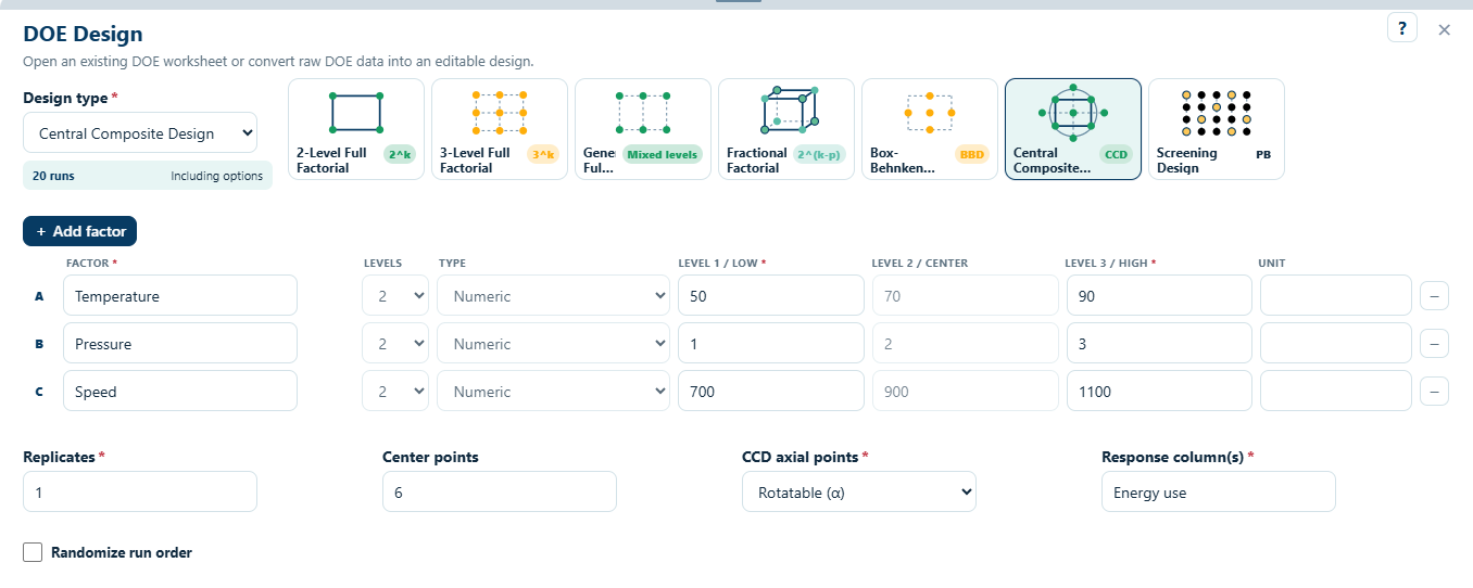 CI-Analyze DOE Design input screen with Central Composite Design selected