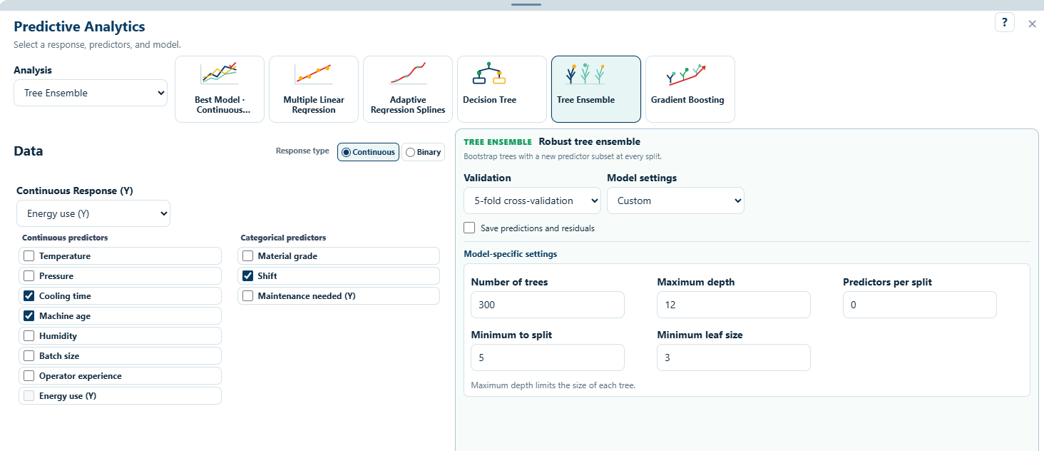 CI-Analyze Predictive Analytics input screen with Tree Ensemble selected
