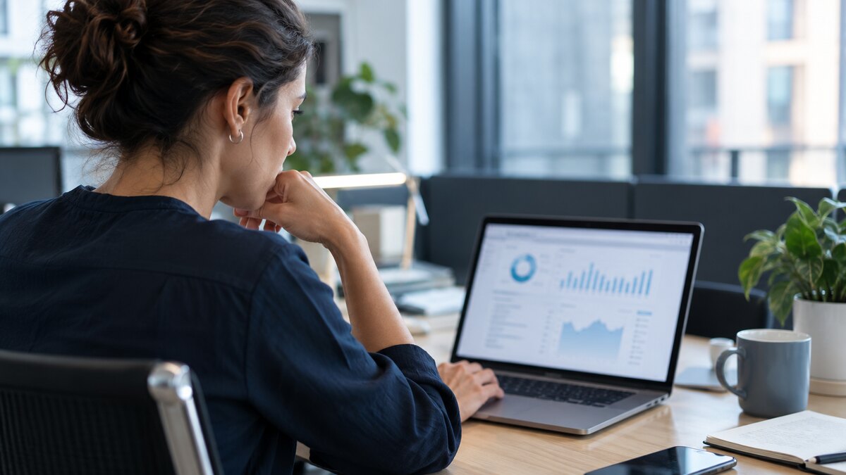 A professional analyzing data on a laptop in a modern office