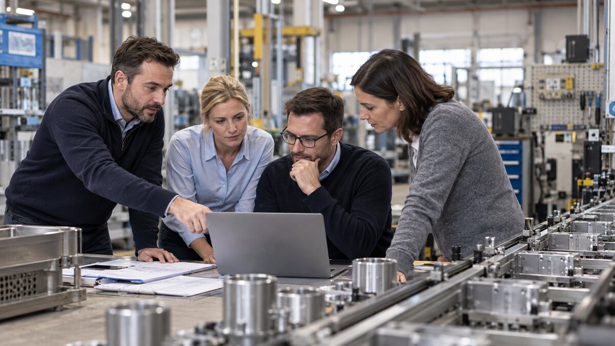 A cross-functional team collaborating on an industrial improvement project